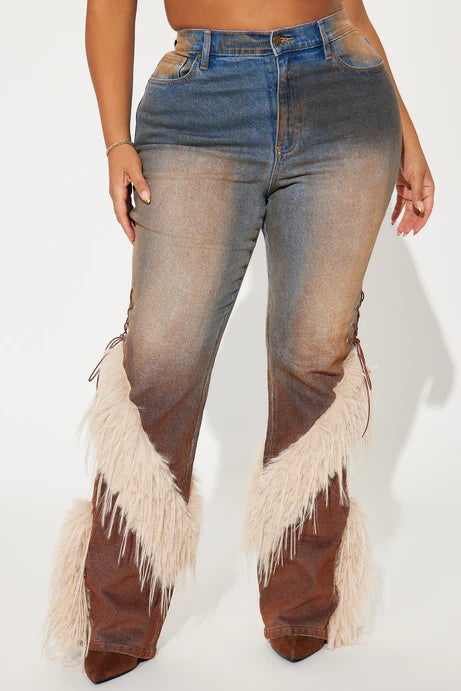 Fashion Casual Lace Up Faux Fur Bootcut Jeans