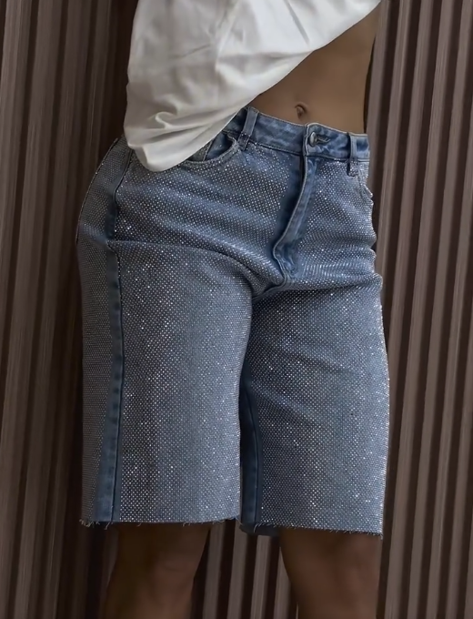Trendy Rhinestone Casual Jeans Shorts