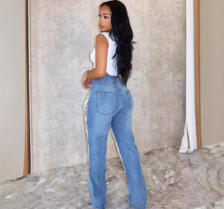 Trendy ripped pearl jeans