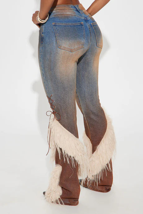 Fashion Casual Lace Up Faux Fur Bootcut Jeans