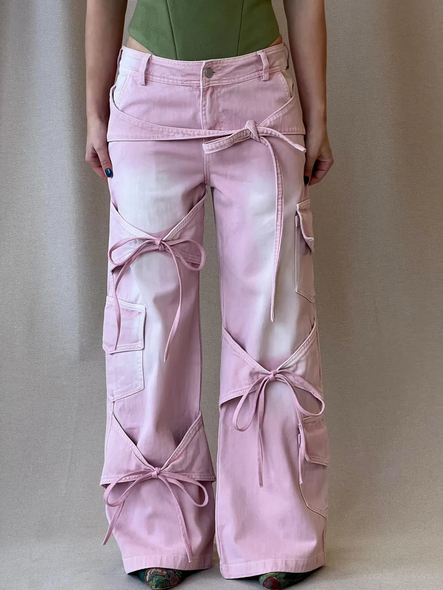 Vintage Casual Bow Lace-up Jeans