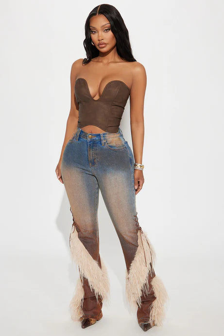 Fashion Casual Lace Up Faux Fur Bootcut Jeans