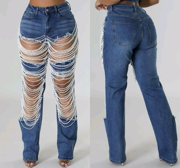 Trendy ripped pearl jeans