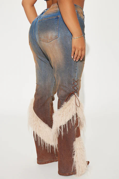Fashion Casual Lace Up Faux Fur Bootcut Jeans