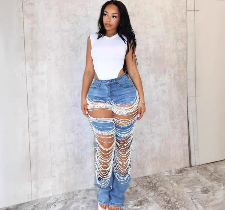 Trendy ripped pearl jeans