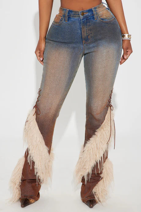 Fashion Casual Lace Up Faux Fur Bootcut Jeans