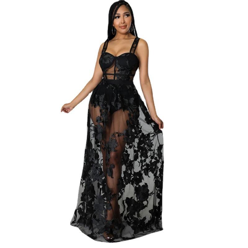 Solid color embroidered see-through slim fit non-elastic strap dress