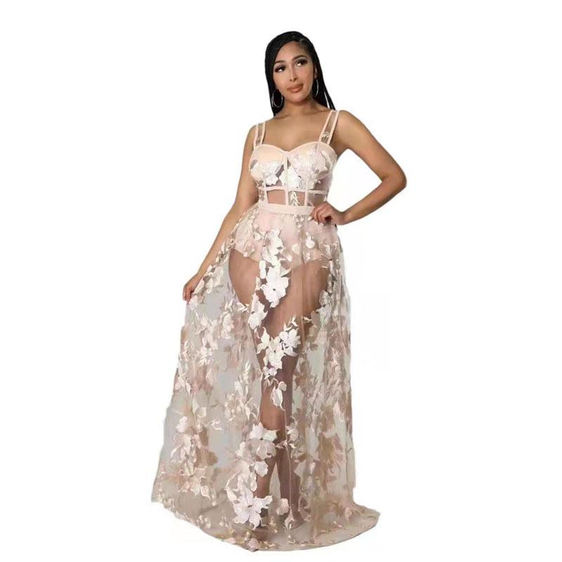 Solid color embroidered see-through slim fit non-elastic strap dress