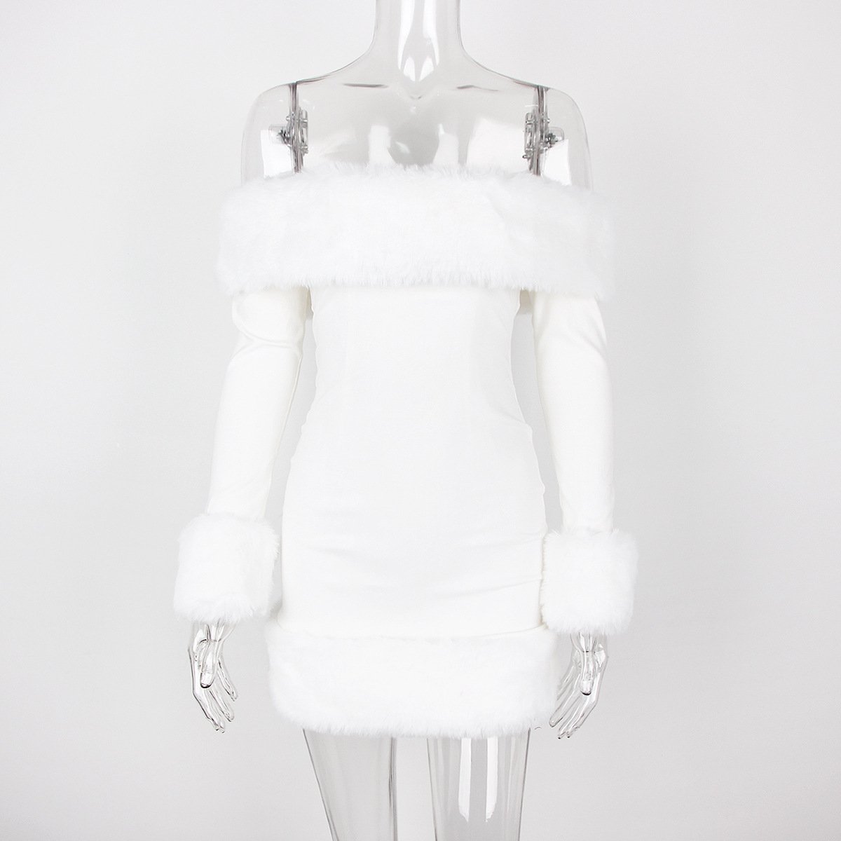 Black plush long-sleeved one-shoulder dress