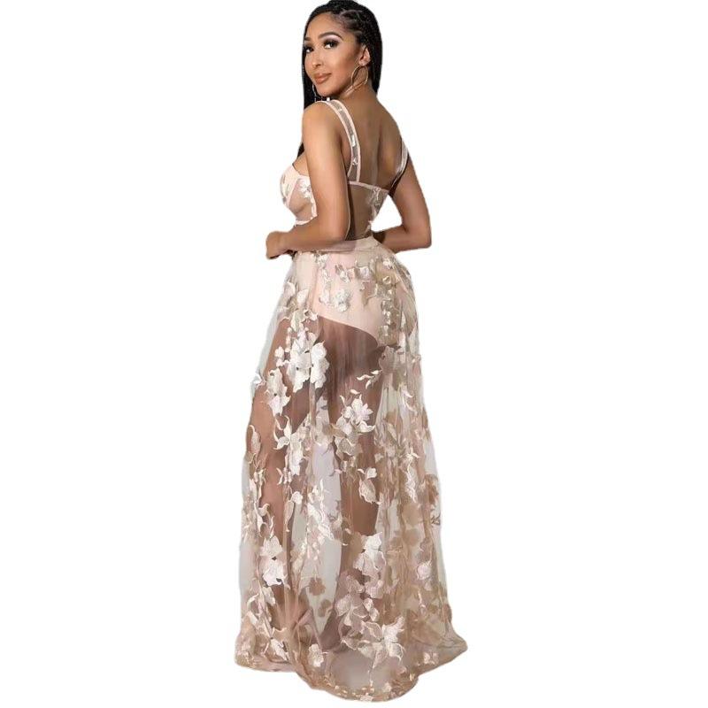 Solid color embroidered see-through slim fit non-elastic strap dress