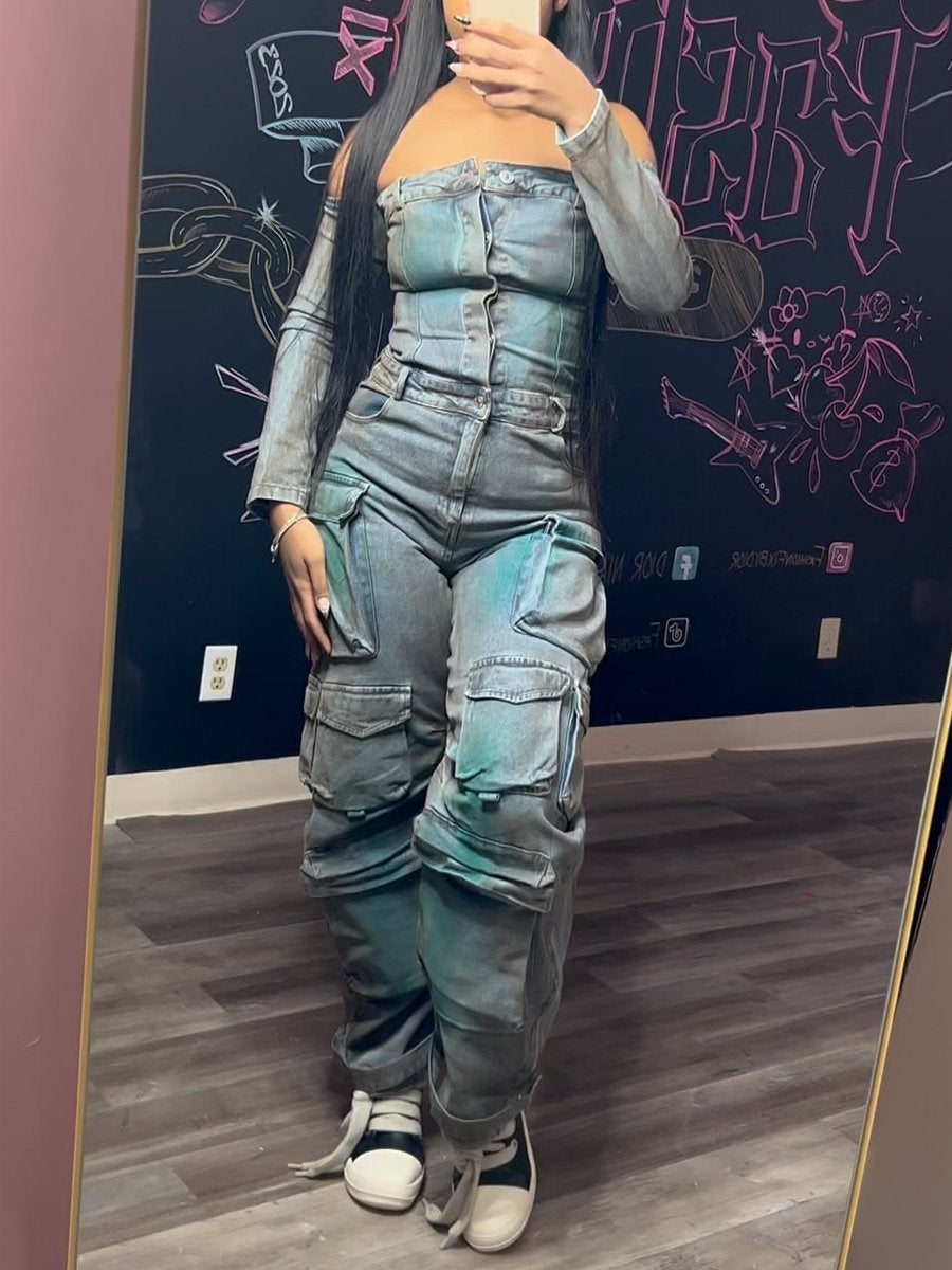 Off Shoulder Pocket Denim Jumpsuit