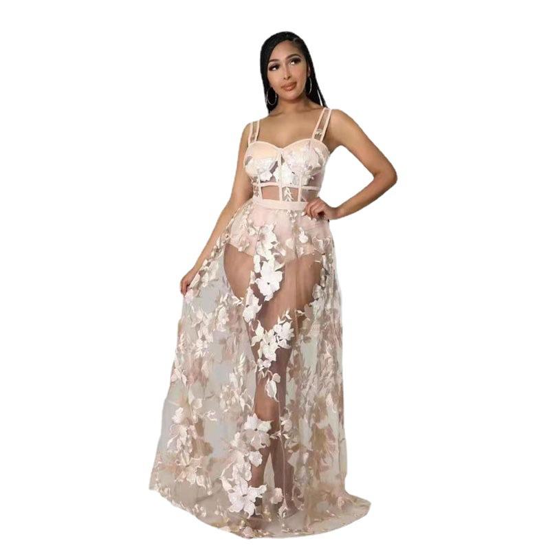 Solid color embroidered see-through slim fit non-elastic strap dress