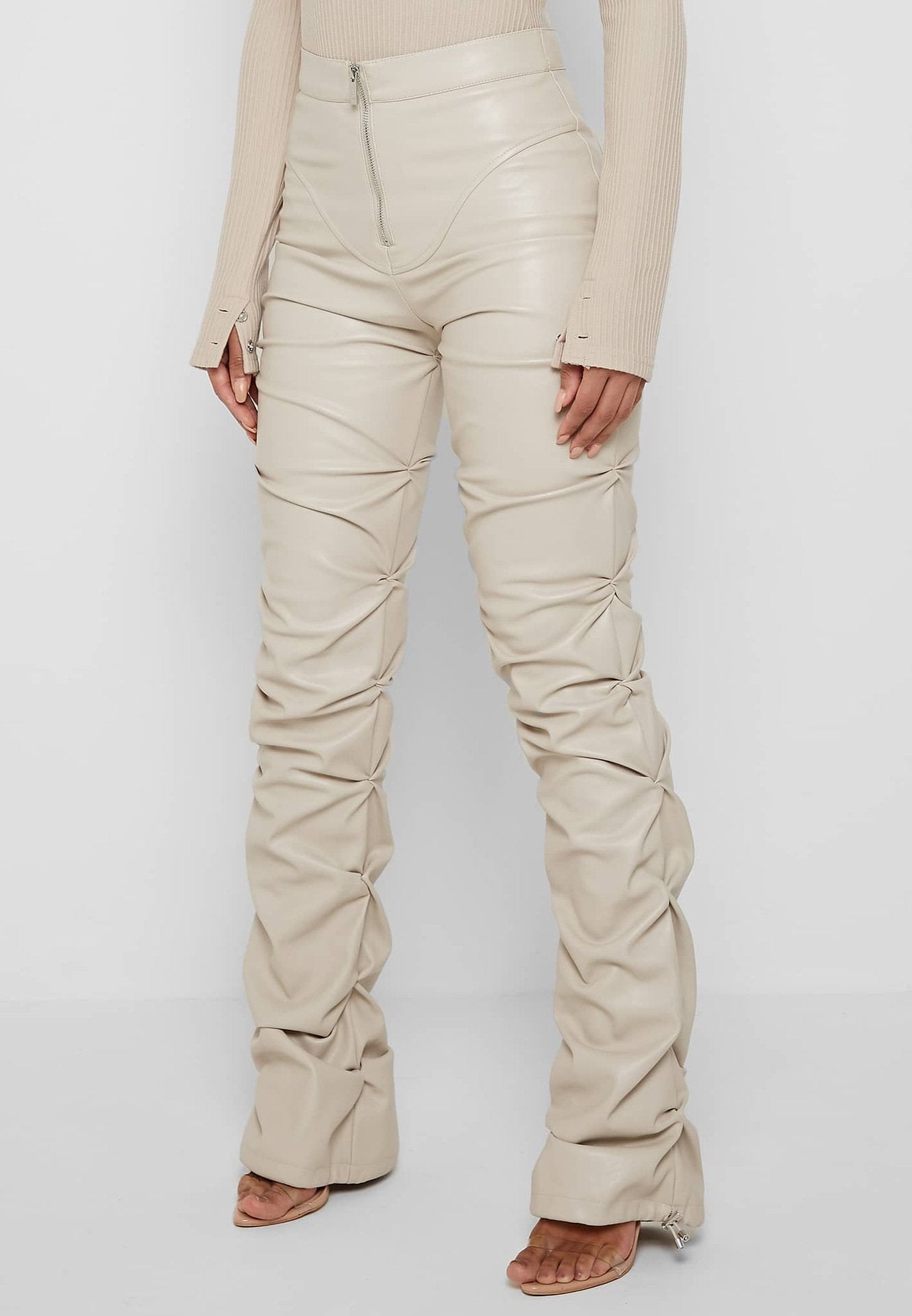 Distinctive Skinny Pleated Leather Pants