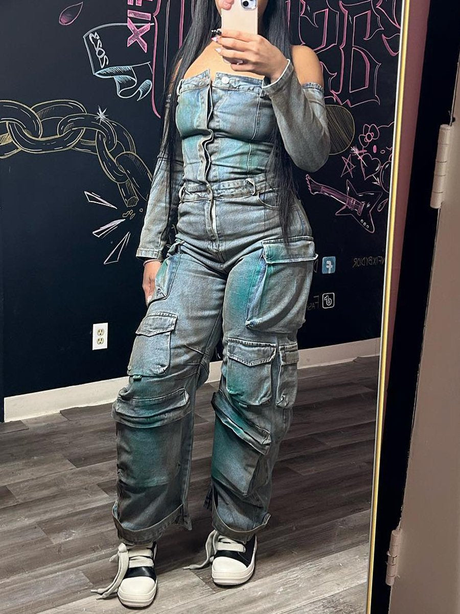 Off Shoulder Pocket Denim Jumpsuit