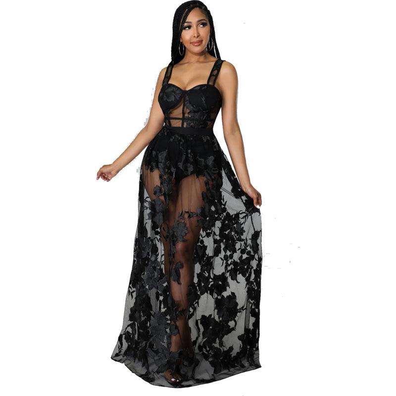Solid color embroidered see-through slim fit non-elastic strap dress