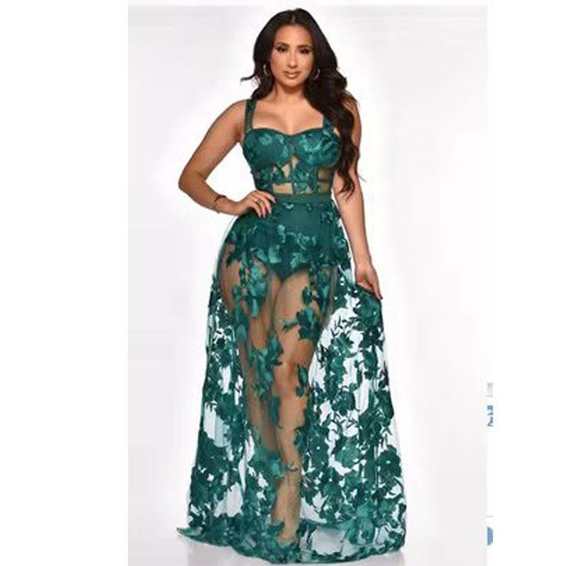 Solid color embroidered see-through slim fit non-elastic strap dress