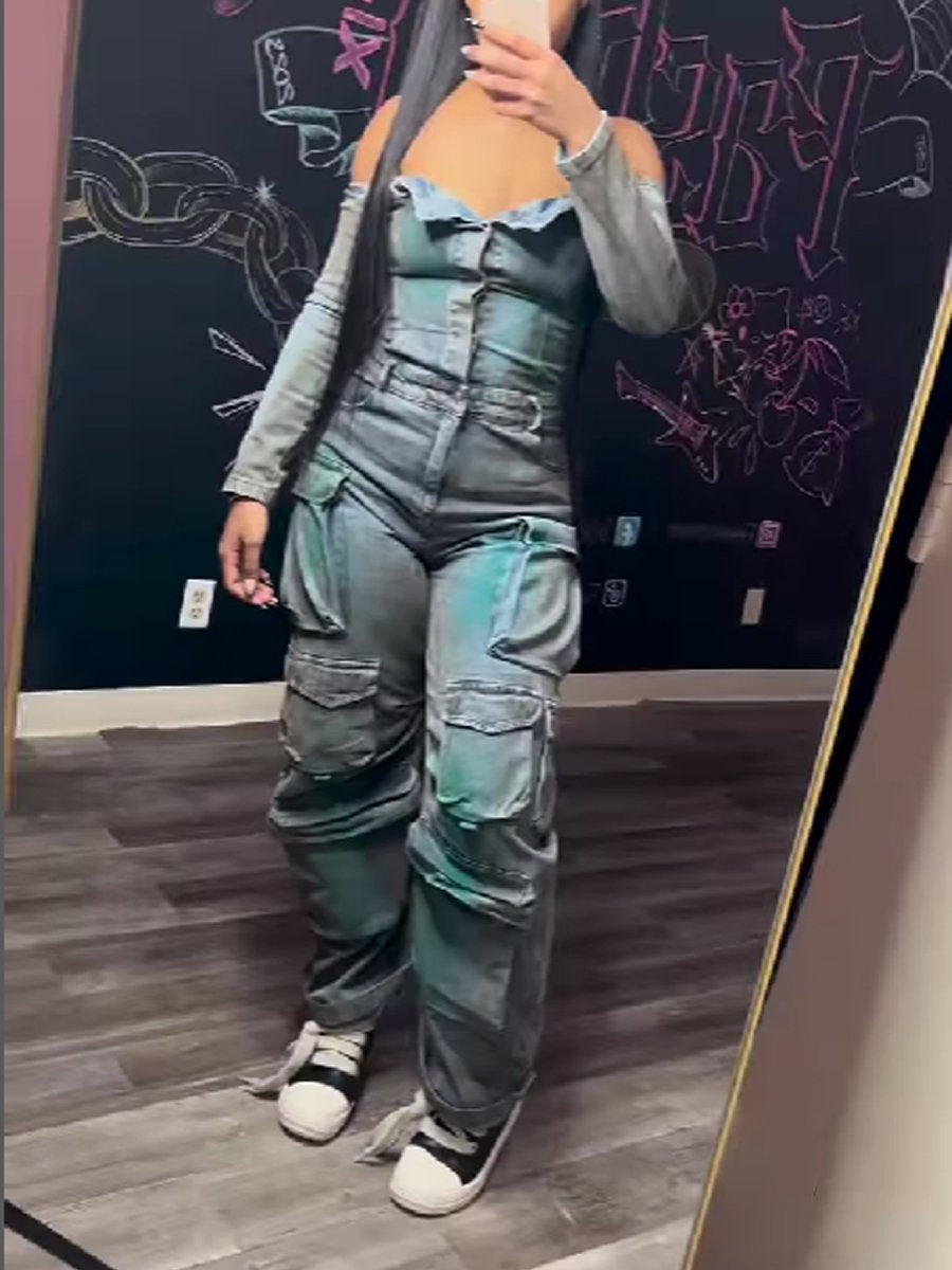 Off Shoulder Pocket Denim Jumpsuit