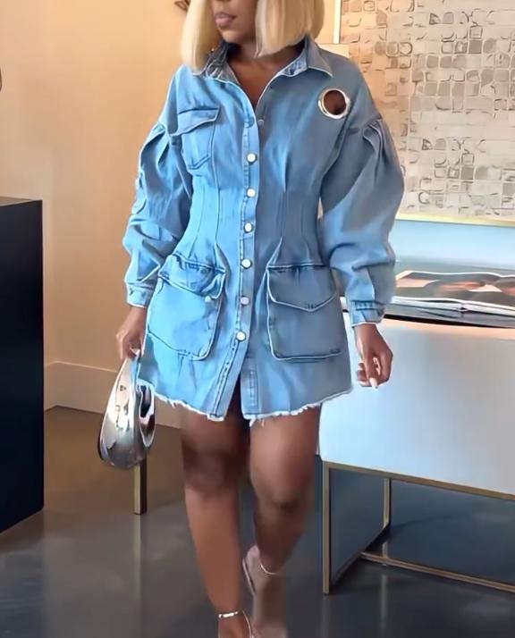 Puff sleeve denim dress