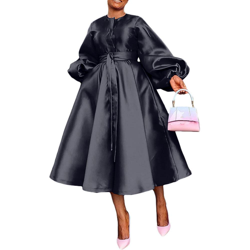 Solid color glossy loose buttoned lantern sleeve dress