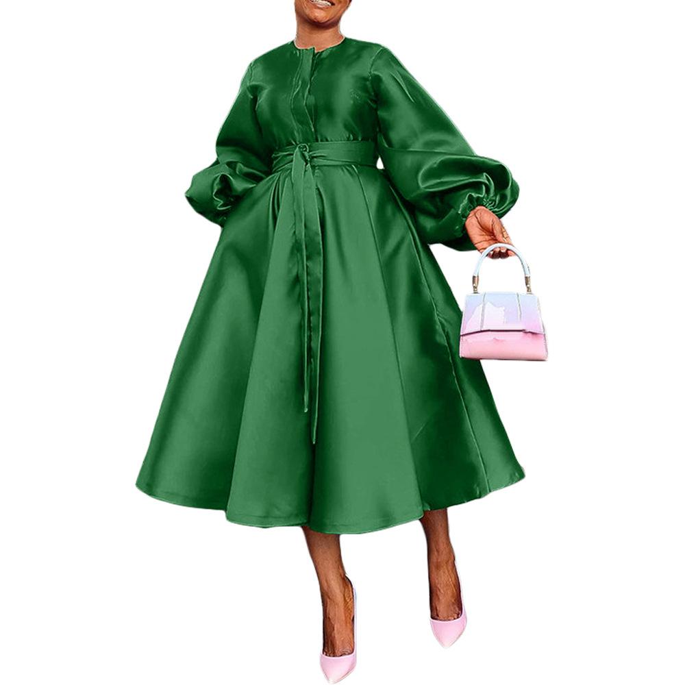 Solid color glossy loose buttoned lantern sleeve dress