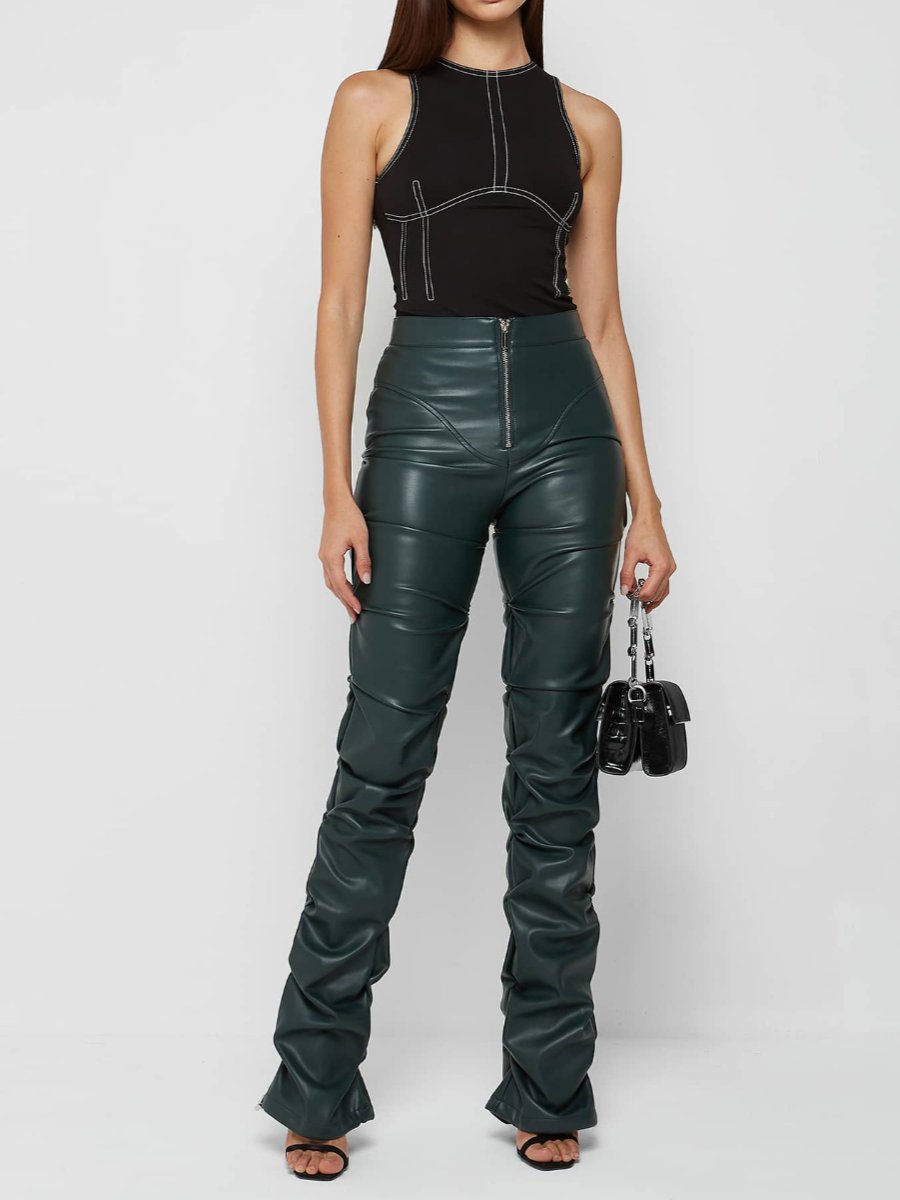 Distinctive Skinny Pleated Leather Pants