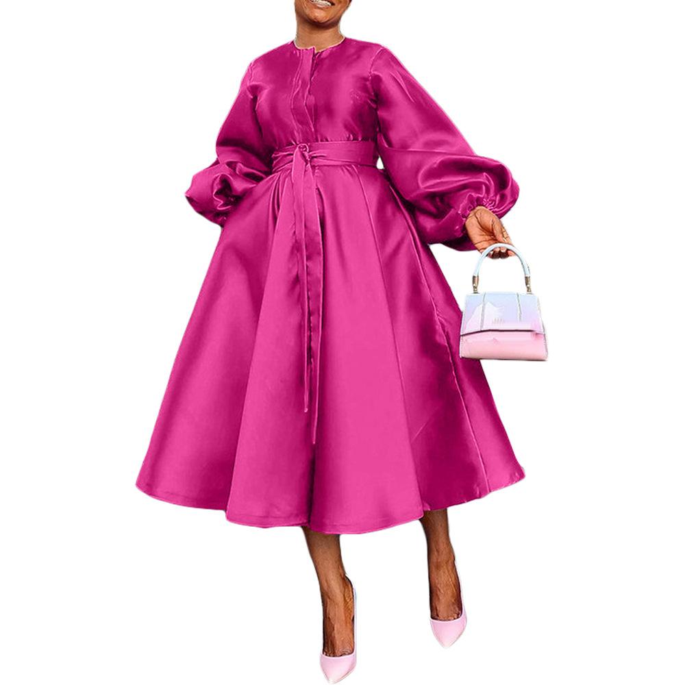 Solid color glossy loose buttoned lantern sleeve dress