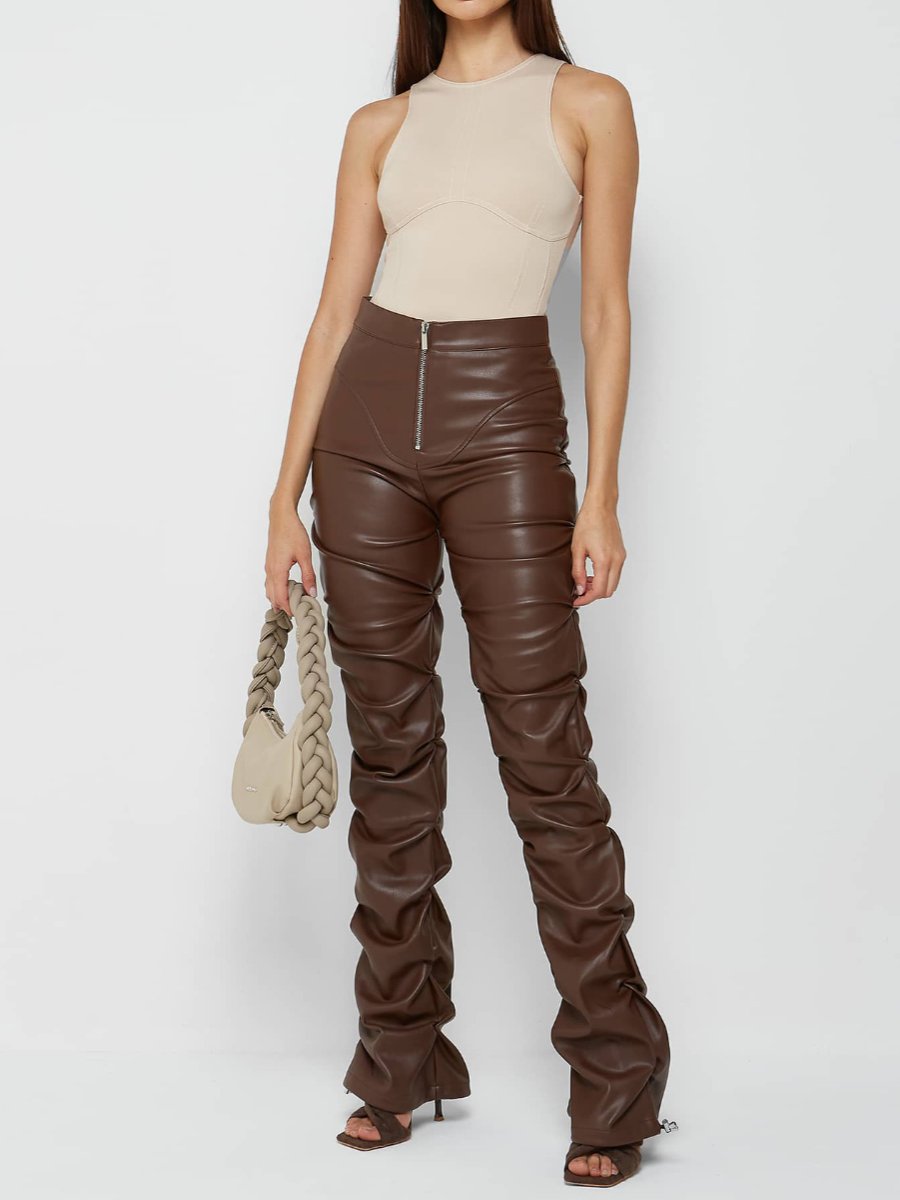 Distinctive Skinny Pleated Leather Pants