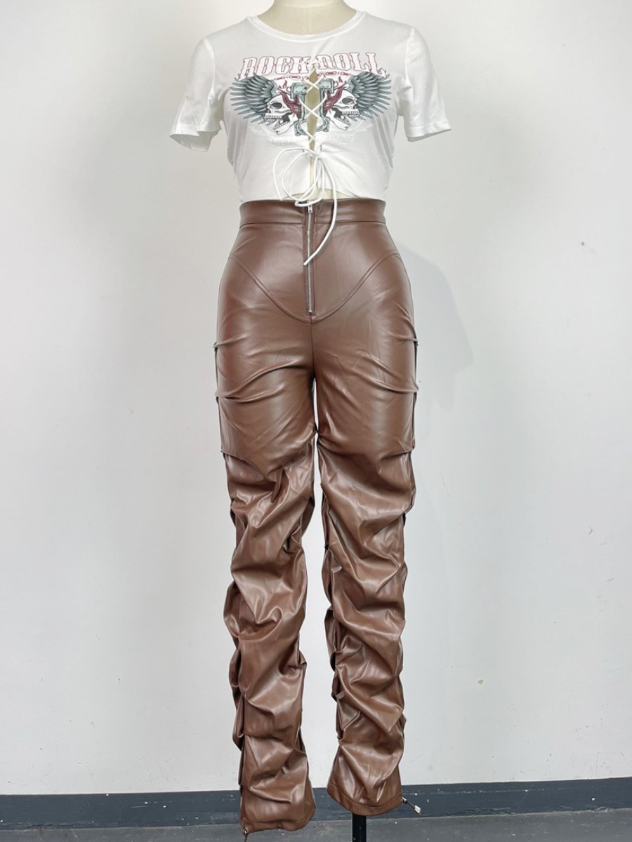 Distinctive Skinny Pleated Leather Pants