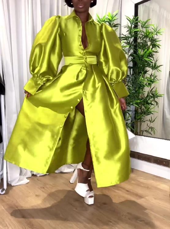 Solid color glossy loose buttoned lantern sleeve dress