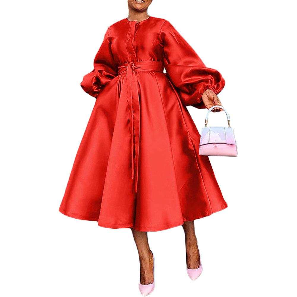 Solid color glossy loose buttoned lantern sleeve dress